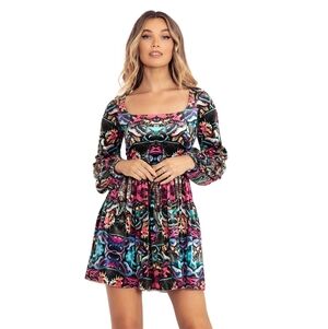 BlackMilk Hyper Moth Velvet Squared Up Bishop Dress